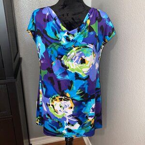 Annalee + Hope Blouse Womens L Cowl Neck Bold Floral Abstract Blue Artsy